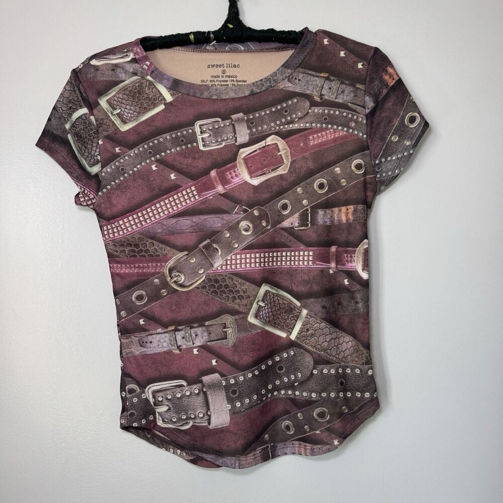 Vintage Sweet Lilac Double Lined Slim Fit Buckle Graphic Top Purple Y2K Sz Small